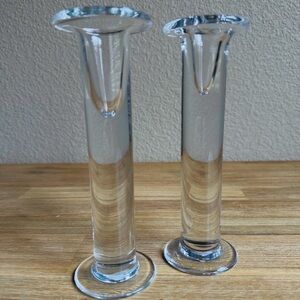 Crate and Barrel Marlow Clear Art Glass Contemporary Candlestick Holiday 8”